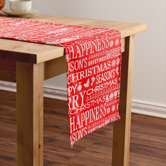 Red & White Holiday Christmas Text Pattern Medium Table Runner (In Situ)