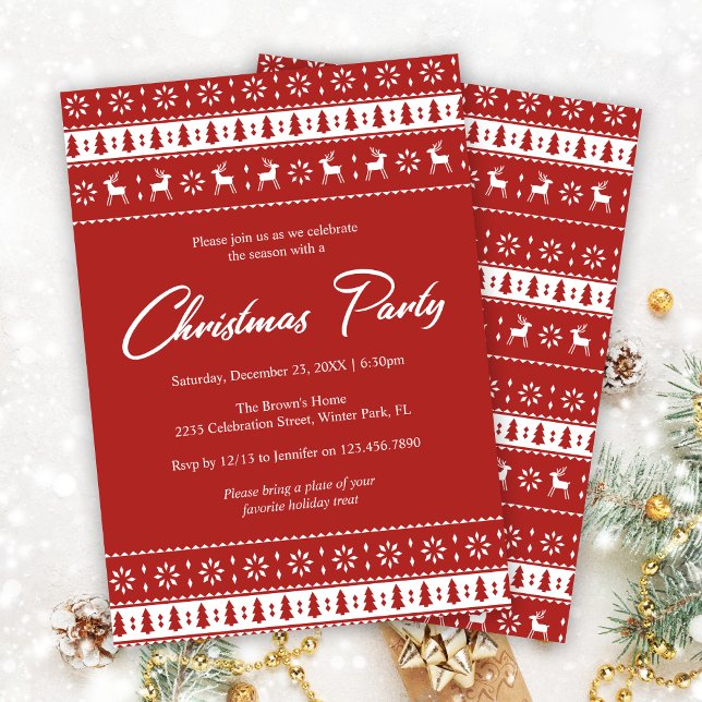 Red & White Holiday Pattern Christmas Party Invitation (Creator Uploaded)