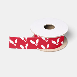 Red & White Holly Pattern Satin Ribbon