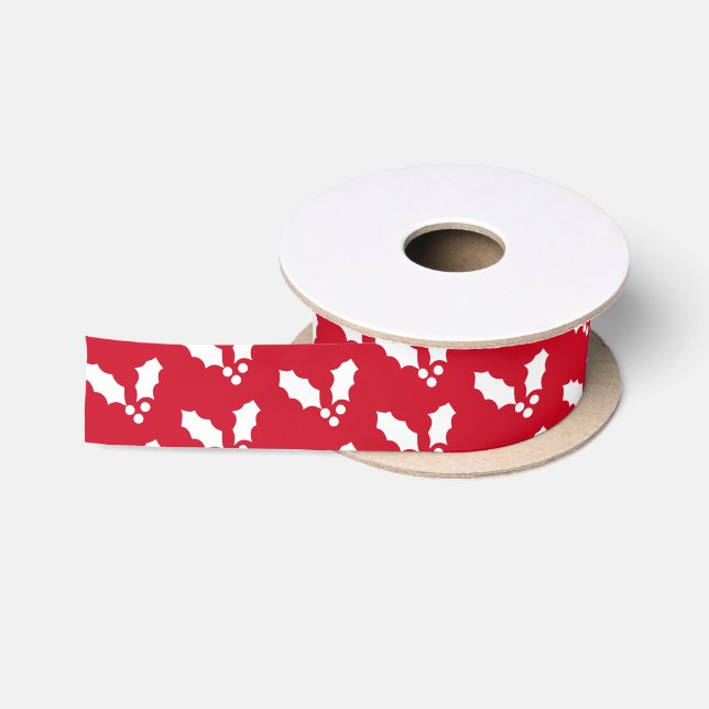 Red & White Holly Pattern Satin Ribbon (Spool)