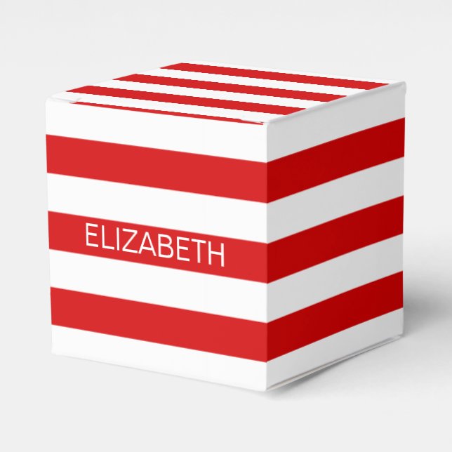 Red White Horizontal Preppy Stripe Name Monogram Favour Box (Front Side)