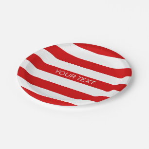 Red White Horizontal Preppy Stripe Name Monogram Paper Plate