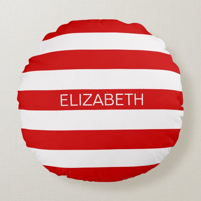 Red White Horizontal Preppy Stripe Name Monogram Round Cushion (Front)