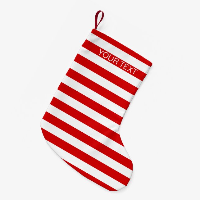 Red White Horizontal Preppy Stripe Name Monogram Small Christmas Stocking (Front (Hanging))