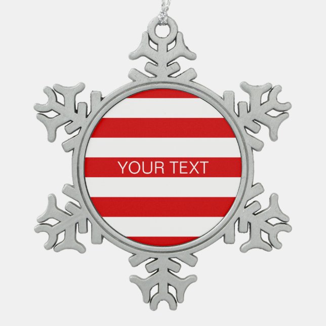 Red White Horizontal Preppy Stripe Name Monogram Snowflake Pewter Christmas Ornament (Front)