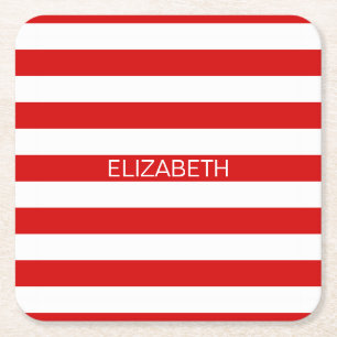 Red White Horizontal Preppy Stripe Name Monogram Square Paper Coaster