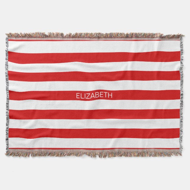 Red White Horizontal Preppy Stripe Name Monogram Throw Blanket (Front)