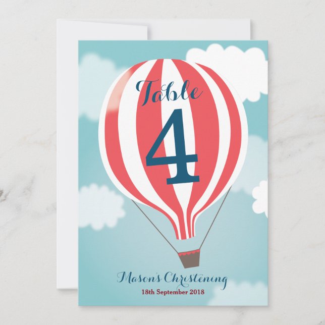 Red White Hot Air Balloon Table Number Card (Front)
