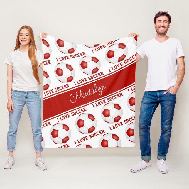 red white I love soccer text pattern Fleece Blanket (In Situ)