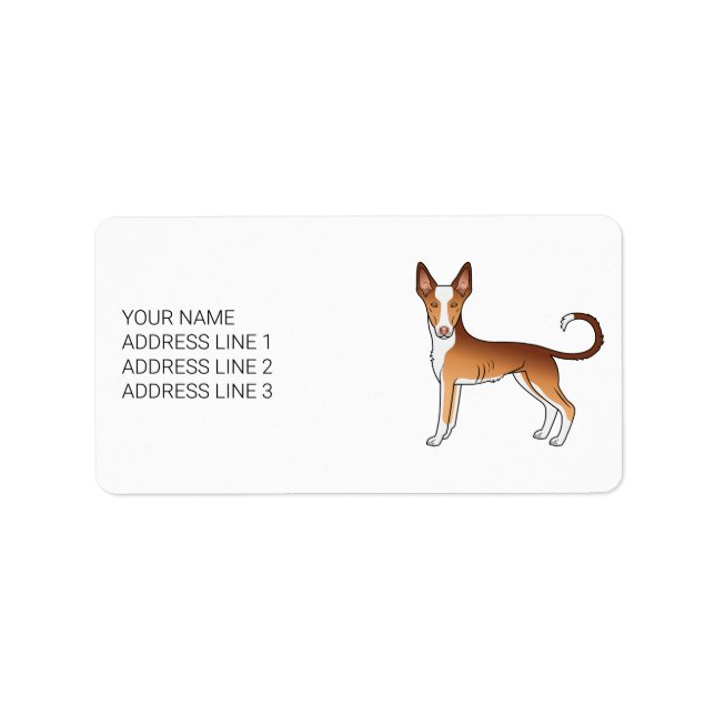 Red & White Ibizan Hound Smooth Coat Dog With Text Label (Front)
