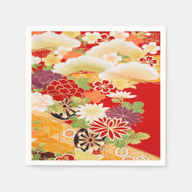 Red White Japanese Kimono Floral Decoupage Paper Napkin (Front)