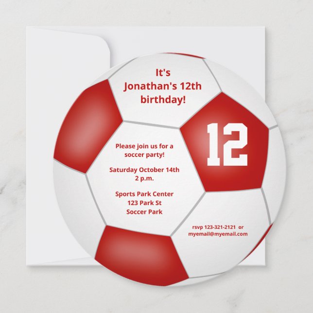 red white kids soccer themed birthday party announcement (Front)
