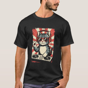 Red White Kitten DJ on Turntables EDM Synthesizer  T-Shirt