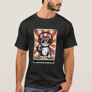 Red White Kitten DJ on Turntables EDM Synthesizer T-Shirt