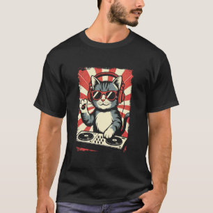 Red White Kitten DJ on Turntables EDM Synthesizer  T-Shirt