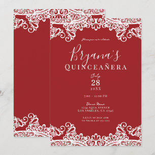 Red & White Lace Elegant Quinceañera Party   Invitation