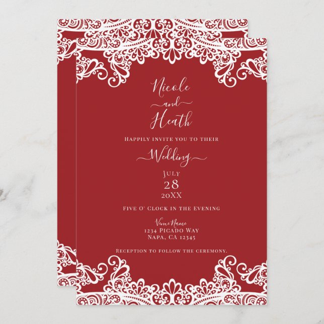 Red & White Lace Masquerade Elegant Wedding Invitation (Front/Back)