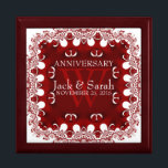 Red White Lace Wedding Anniversary Gift Box<br><div class="desc">Unique and Stylish fractal lace borders gorgeous red & white colours - Exquisite and elegant custom Wedding, Anniversary or engagement present. Personalise with names, anniversary date and monogram or numbers - made into a wonderful wooden gift box to keep trinkets, jewellery box for your special keepsakes. Makes a wonderful gift...</div>