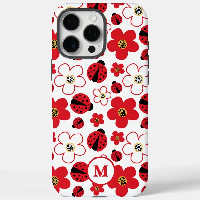 Red White Ladybug Floral Monogram Pattern Case-Mate iPhone Case (Back)