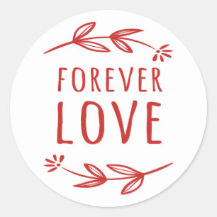 Red & White Laurel Leaf Forever Love Wedding Party Classic Round Sticker