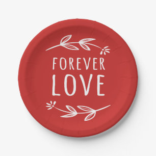 Red & White Laurel Leaf Forever Love Wedding Party Paper Plate