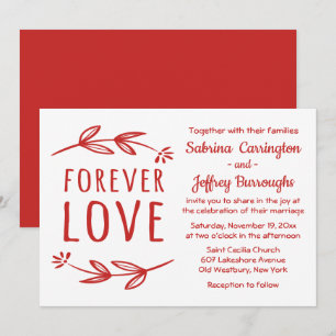 Red & White Laurel Leaves Forever Love Wedding Invitation