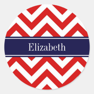 Red White LG Chevron Navy Blue Name Monogram Classic Round Sticker