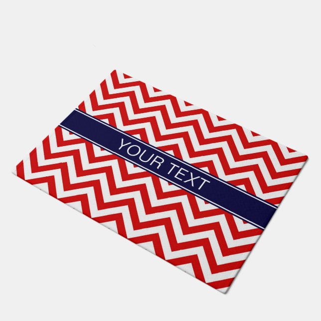 Red White LG Chevron Navy Blue Name Monogram Doormat (Angled)