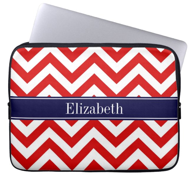 Red White LG Chevron Navy Blue Name Monogram Laptop Sleeve (Front)