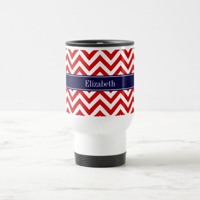 Red White LG Chevron Navy Blue Name Monogram Travel Mug (Center)
