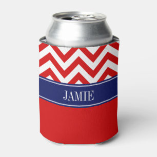 Red White LG Chevron Navy Name Monogram Can Cooler