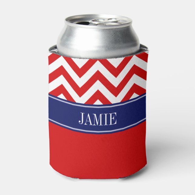Red White LG Chevron Navy Name Monogram Can Cooler (Can Front)