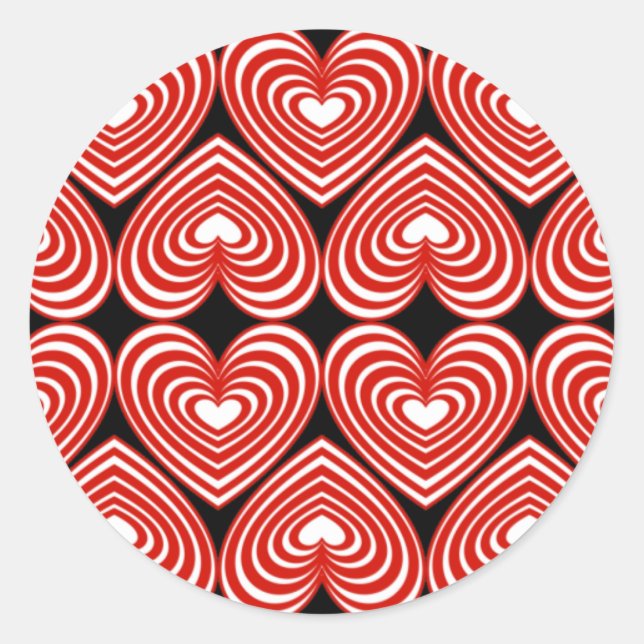 Red & White Lined Hearts Classic Round Sticker (Front)