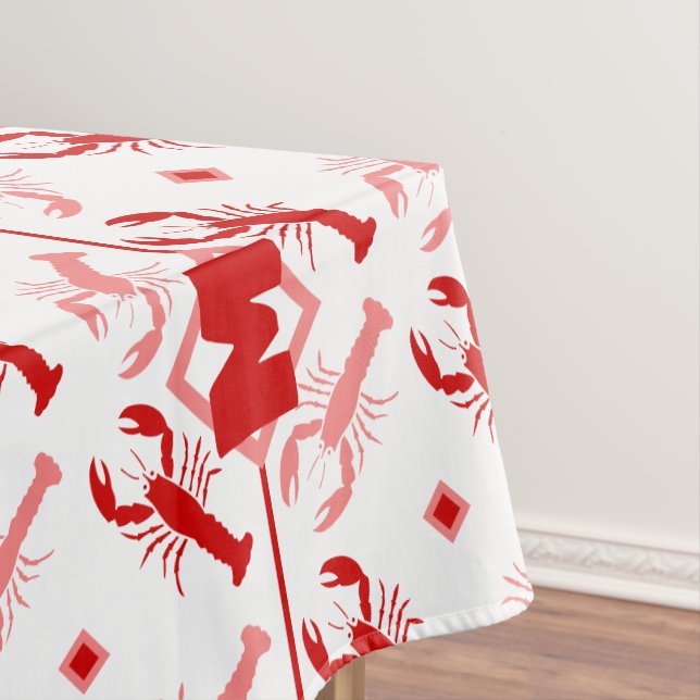 Red & White Lobster & Monogram | Coastal Sea Life Tablecloth (In Situ)