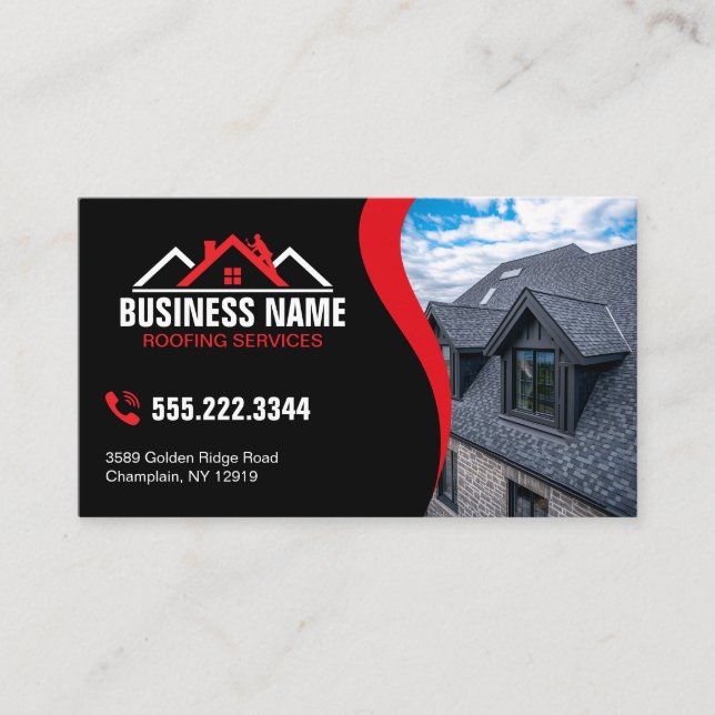 Red White Logo Roofing Contractor QR Code Business Card (Front)