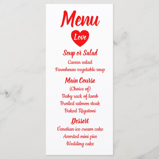 Red & White Love Heart Menu Wedding Party (Front)