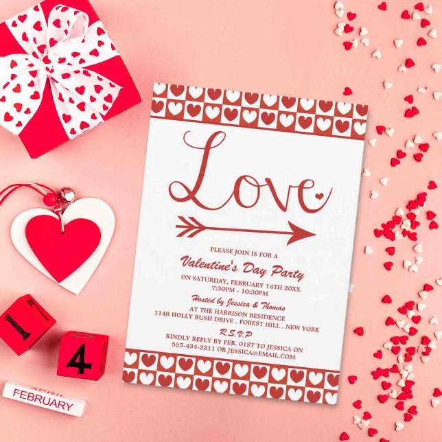 Red & White Love Hearts Valentine's Day Party Invitation (Creator Uploaded)