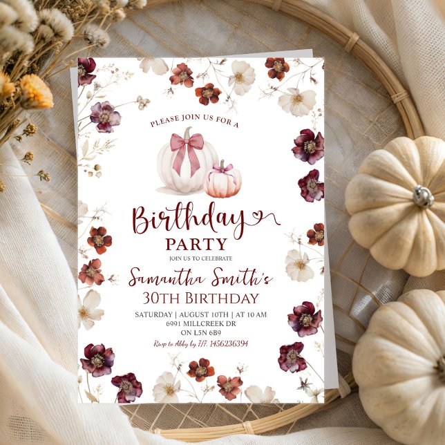 Red White Marsala Fall Autumn Wildflower Birthday Invitation (Creator Uploaded)