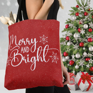Red & White Merry and Bright Glitter Snow Holiday Tote Bag