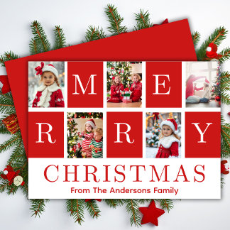 Red & White Merry Christmas 5 Photo Collage Holiday Card