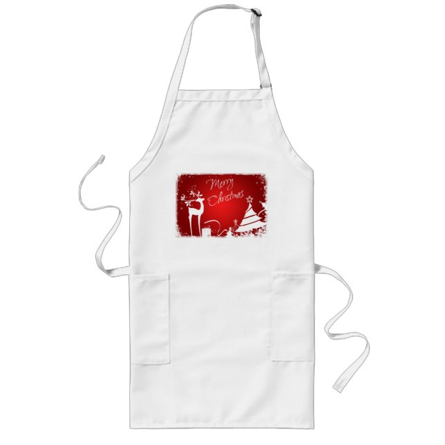 Red White Merry Christmas Deer, Snowflakes Apron (Front)