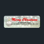 Red White Merry Christmas Return Address Labels<br><div class="desc">Merry Christmas is written in red across a winter white abstract background. A large white ornament with a snowflake design creates the left border. Your family name and address is written in a modern simple font below. Super easy to customise all of the text. Change Merry Christmas to Happy Holidays...</div>