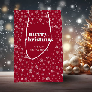 Red White Merry Christmas Snowflake Pattern Medium Gift Bag