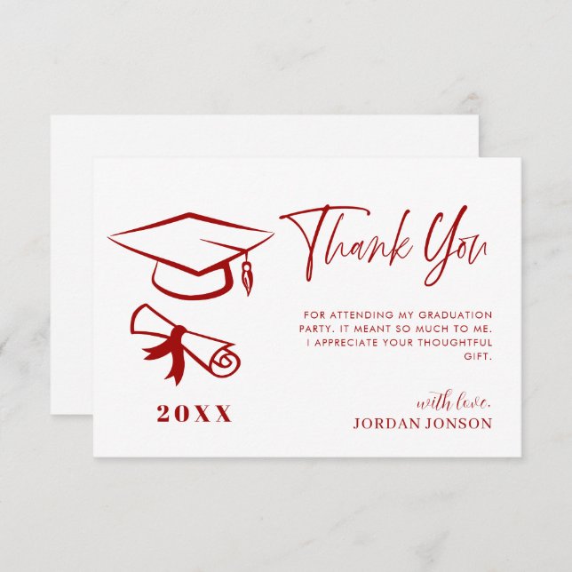 Red White Minimalist Modern Graduation Thank You Card (Front/Back)