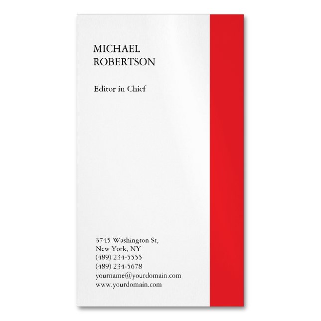 Red White Minimalist Professional Plain Magnetic Business Card (Front Vertical)
