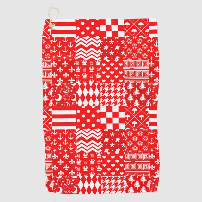 Red White Mixed Patterns Patchwork Design  Golf Towel (Front)
