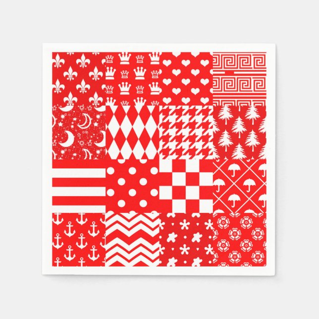 Red White Mixed Patterns Patchwork Design  Napkin (Front)