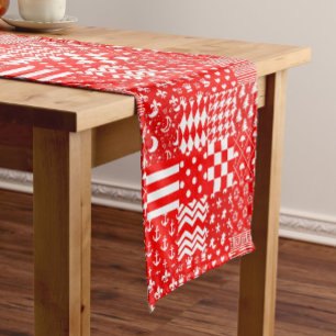 Red White Mixed Patterns Patchwork Design  Short Table Runner
