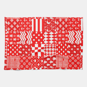 Red White Mixed Patterns Patchwork Design Tea Towel