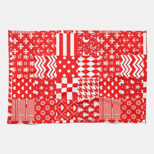 Red White Mixed Patterns Patchwork Design  Tea Towel (Horizontal)